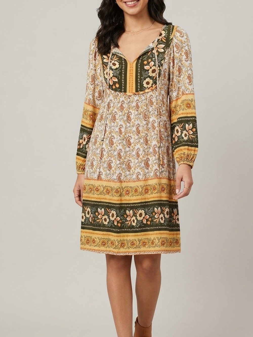 Qearal Bohemian Paisely and Floral Print Long-Sleeve Dress, Small